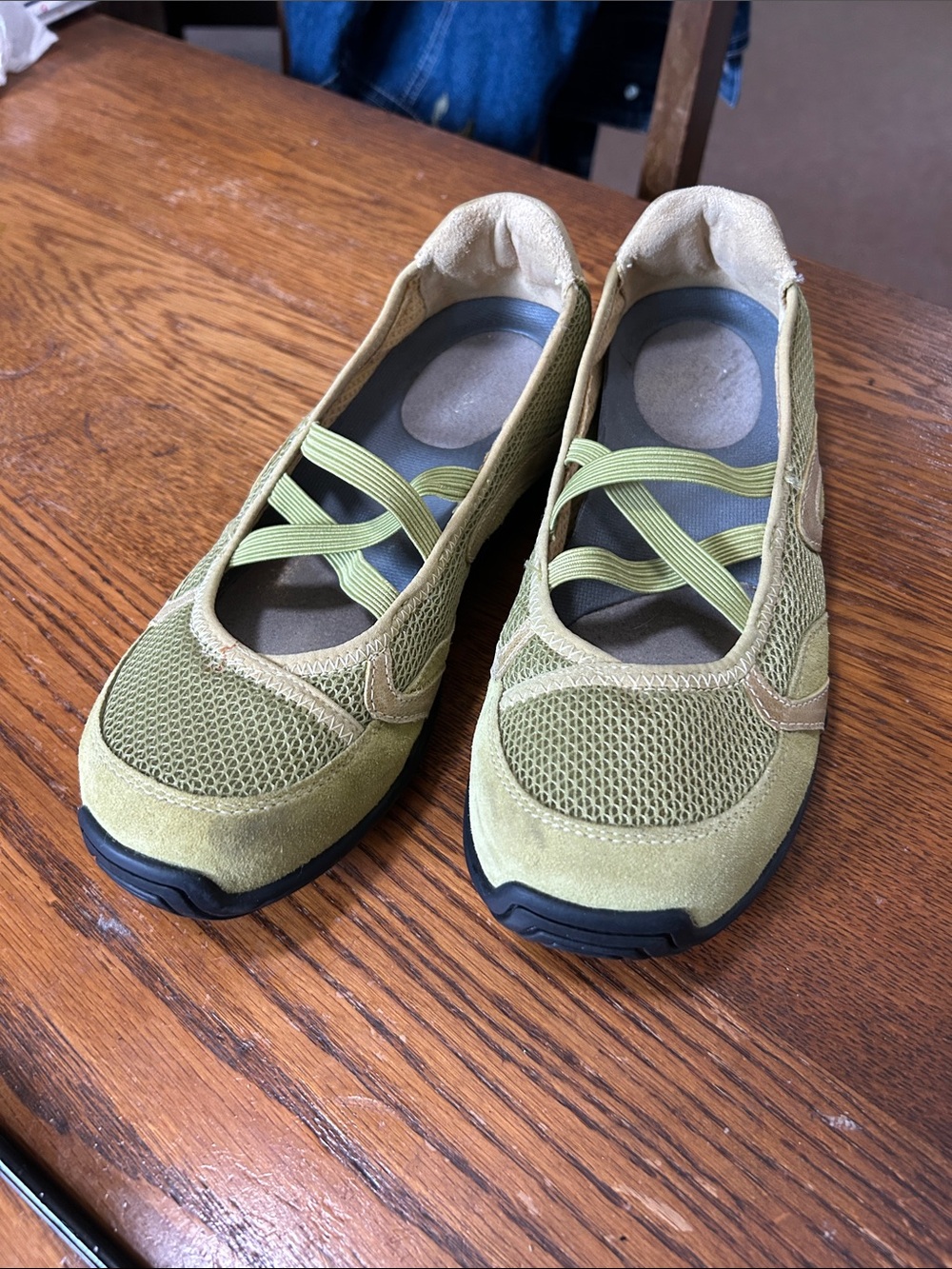 Ahnu Light Olive Green Mary Jane Flats with Elastic Cross Straps
